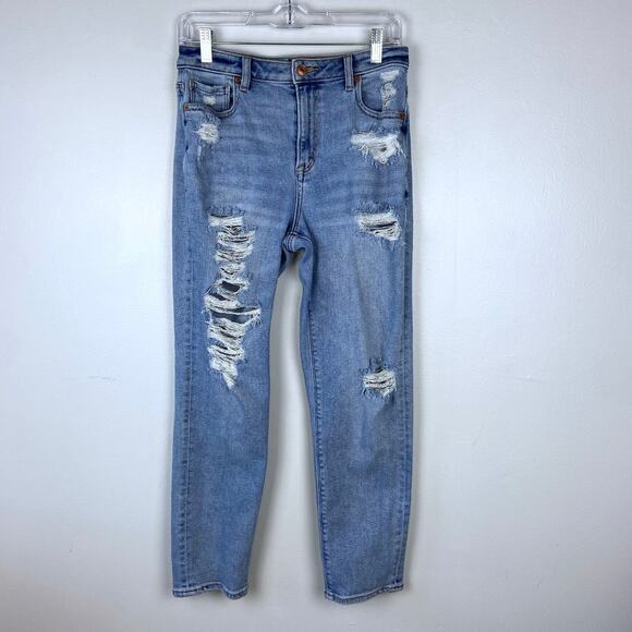 American Eagle Mom Jeans Distressed Medium Wash High Rise Stretch Size 4 Regular - Picture 2 of 13
